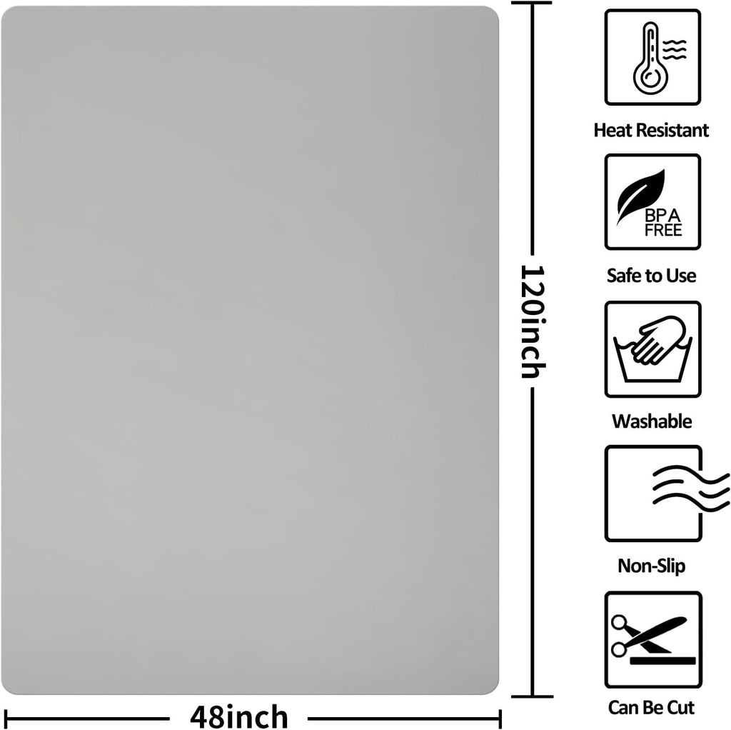 Extra Large Silicone Mat,Silicone Mats for Kitchen Counter Island Dinner Table Countertop Protector Heat Resistant Mat (120” x 48”, Grey)