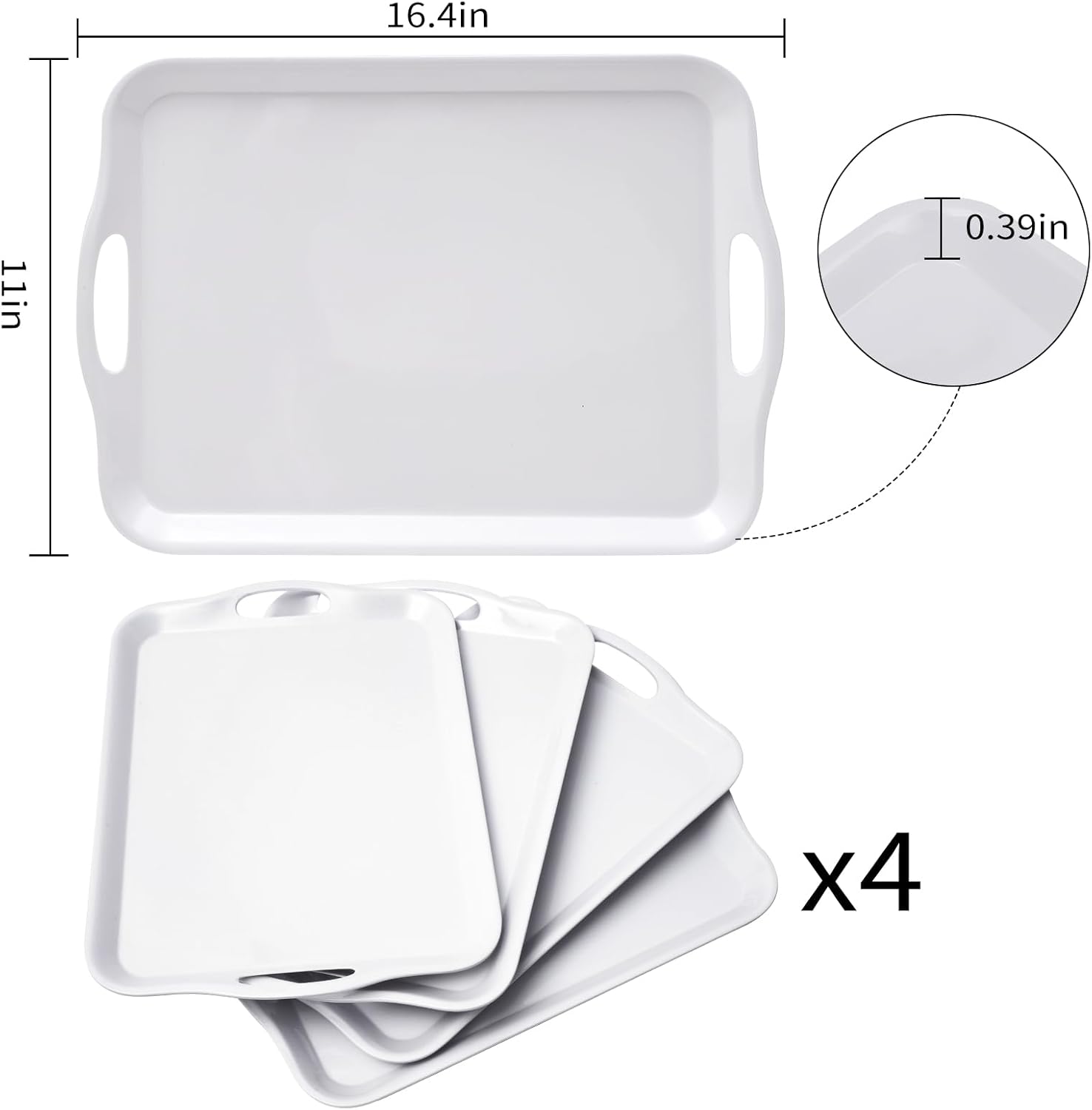 Blue Boat 16.5" x 11.5" Serving Trays Set of 4 White, Dinner Tray, Light Weight Easy to Clean Sturdy Stackable Melamine Serving Tray with Handle, Fruit, Snacks, and Desserts Trays