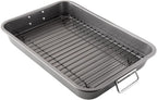 Chef Pomodoro Nonstick Carbon Steel Large Roasting Pan with Rack, Turkey Roasting Pans for Oven, Roaster Pan with Flat Rack, Turkey Pan for Oven, Bakeware Grey