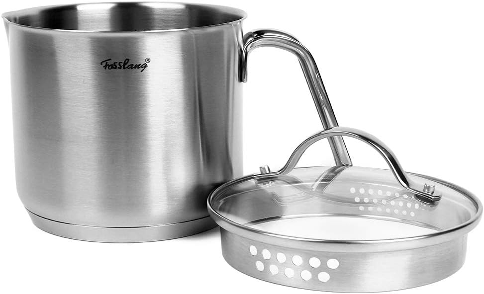 1.5 Quart Stainless Steel Saucepan with Pour Spout, Saucepan with Glass Lid, 6 cups Burner Pot with Spout - for Boiling Milk, Sauce, Gravies, Noodles