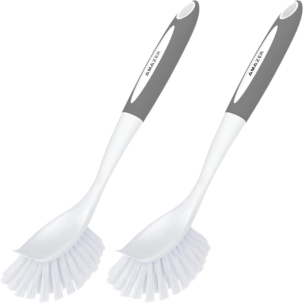 Amazer Dish Brush with Handle, 2 Pack Kitchen Scrub Brushes for Cleaning, Dish Scrubber with Stiff Bristles for Sink, Pots, Pans (Grey+Grey)