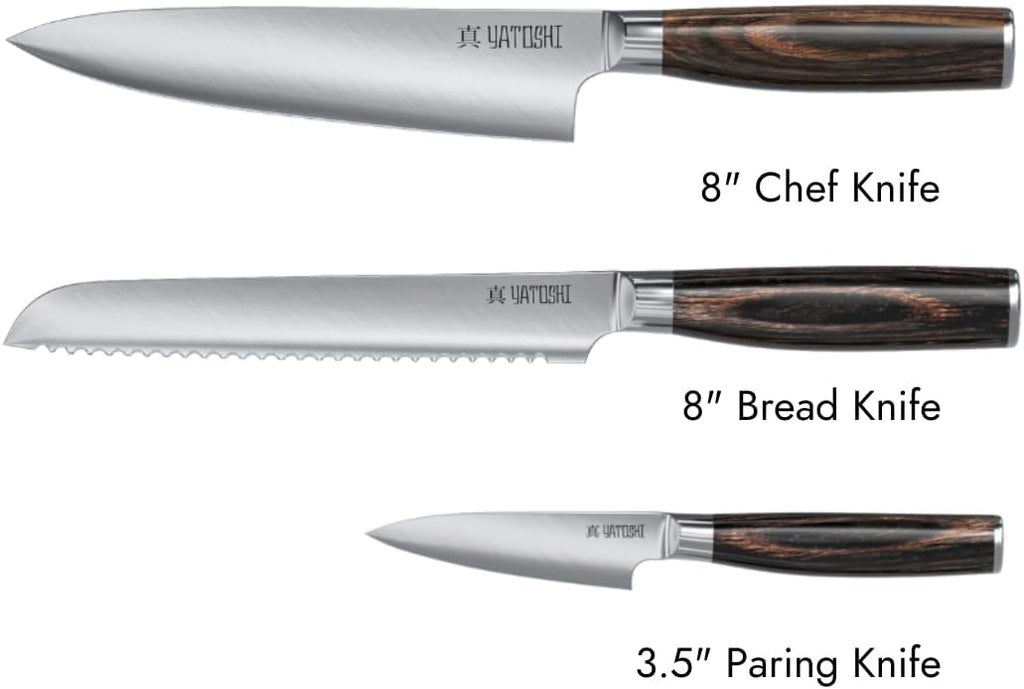 Yatoshi Kitchen Knife Set - 3 Piece, Ultra Sharp High Carbon Stainless Steel, Full Tang