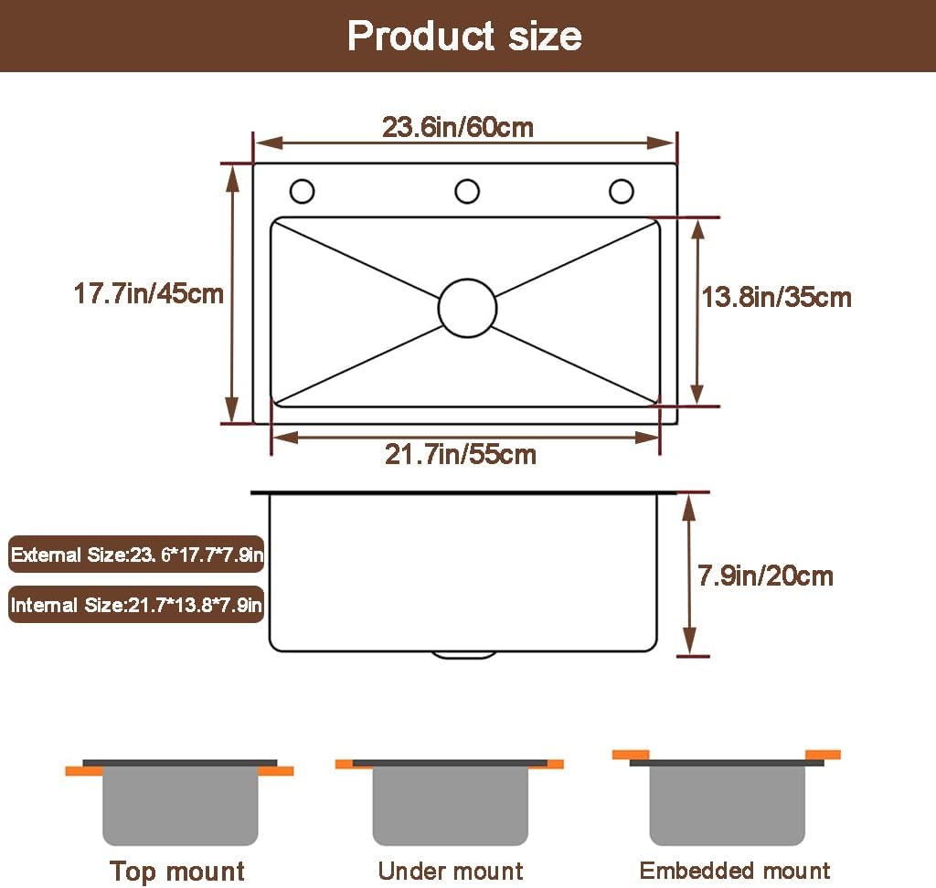 Black Drop in Kitchen Sink, Stainless Steel Single Bowl Sink with 3 Holes, Topmount Workstation Sink, Farmhouse Rectangle Basin with Multiple Accessories (23.6 * 17.7 * 7.9in)