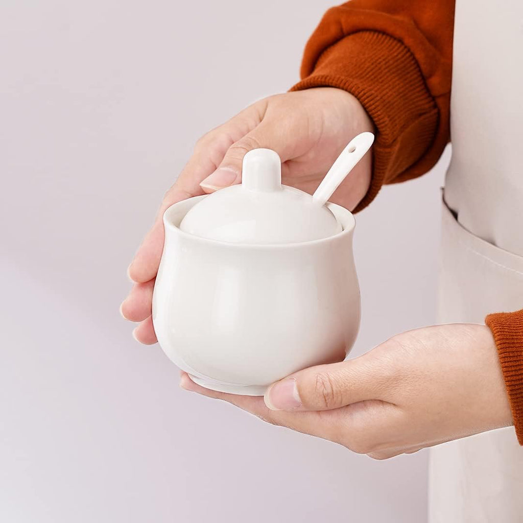 Ceramic Sugar Bowl with Lid and Spoon, White Porcelain Sugar Salt Pepper Storage Jar, 8 Ounces