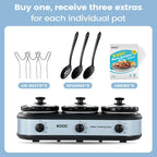 KOOC Triple Slow Cooker Buffet Server and Food Warmer 3x1.5 Quart Individual Temp Control With Lid Rests & Spoons With Liners Included Blue Grey