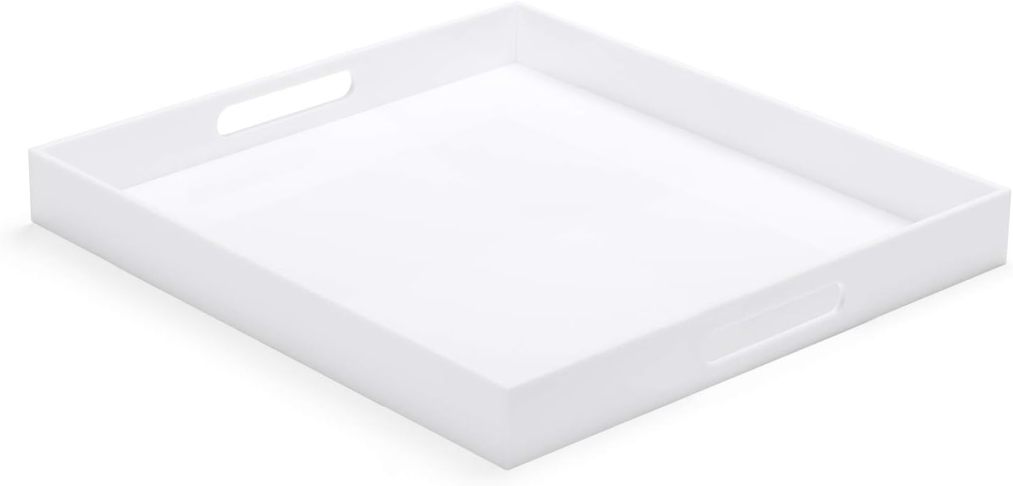 White Modern Acrylic Ottoman Tray with Cutout Handles 20x20 Inch Over-Sized Serving Tray Organizer Rubber Boot Tray Decorative for Living Room Bedroom,Bathroom and Entryway Kitchen