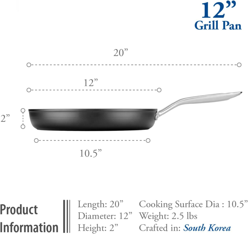 TECHEF - Onyx Collection, 12-inch Grill Pan For Stove Top, Nonstick Grill Pan For indoor cooking, PFOA-Free, Heavy-Duty Aluminum, Made In Korea (No Induction)