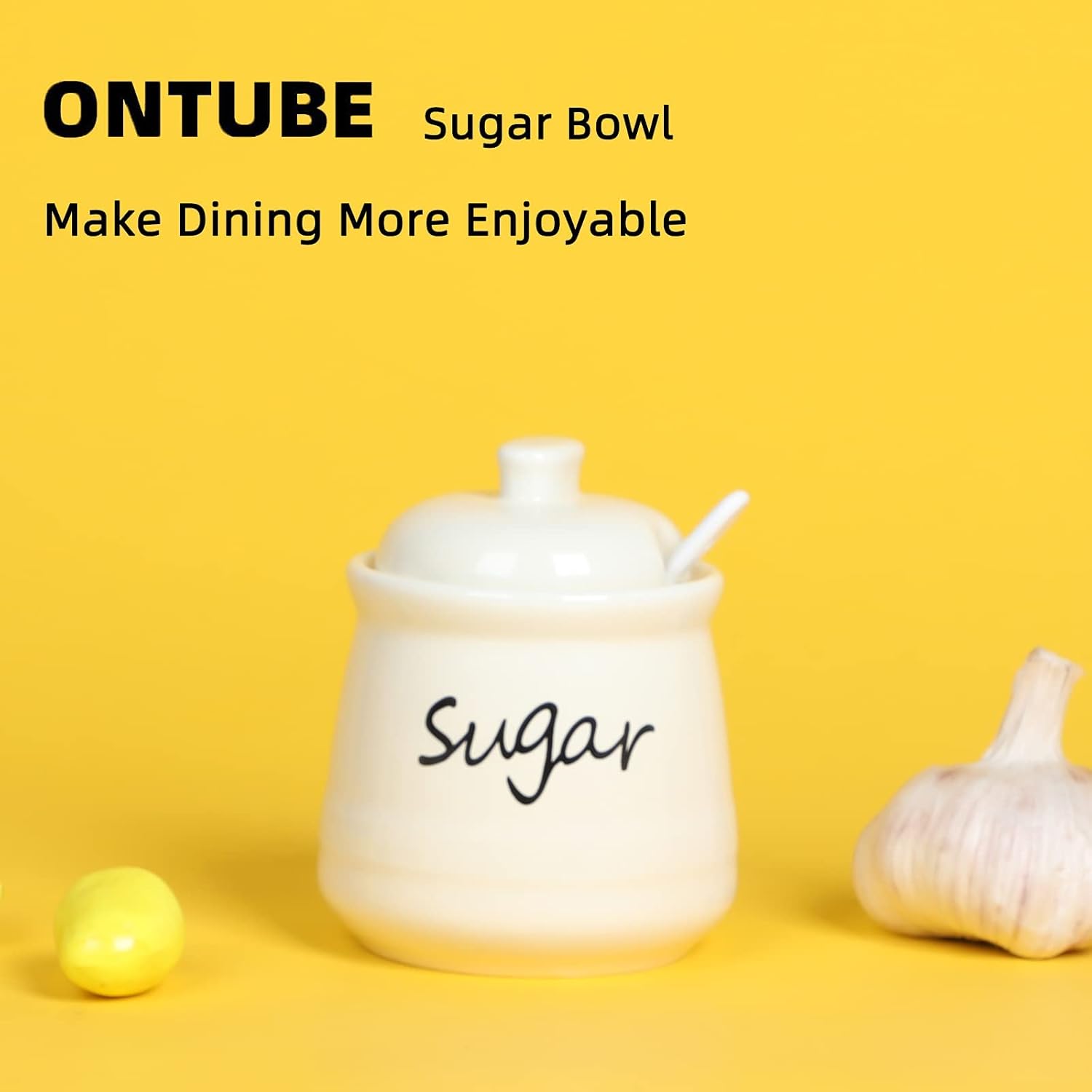 ONTUBE Ceramic Sugar Bowl with Lid and Spoon 12oz (beige)