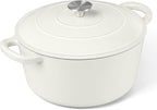 P&P CHEF 6QT Enameled Dutch Oven, Cast Iron Dutch Oven Pot with Lid for Bread Baking, Enameled Casserole Pot for Roasting Braising Stewing Frying Simmering, Various Stoves & Easy Clean, White