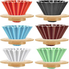 Ceramic Coffee Dripper Pour Over Coffee Maker with Wood Stand Elegant Flower Shape V60 Filter (blue)