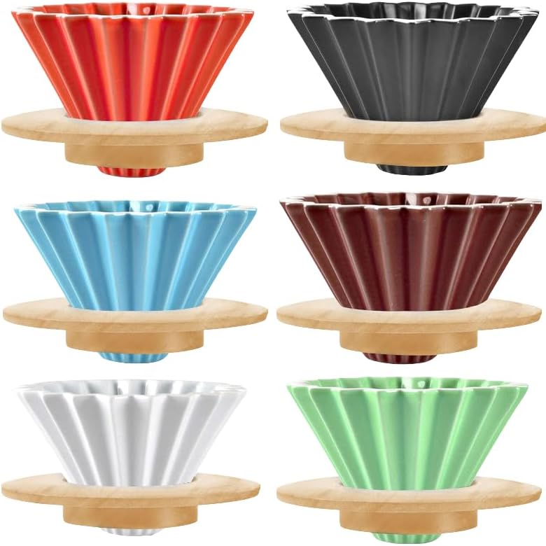 Ceramic Coffee Dripper Pour Over Coffee Maker with Wood Stand Elegant Flower Shape V60 Filter (blue)