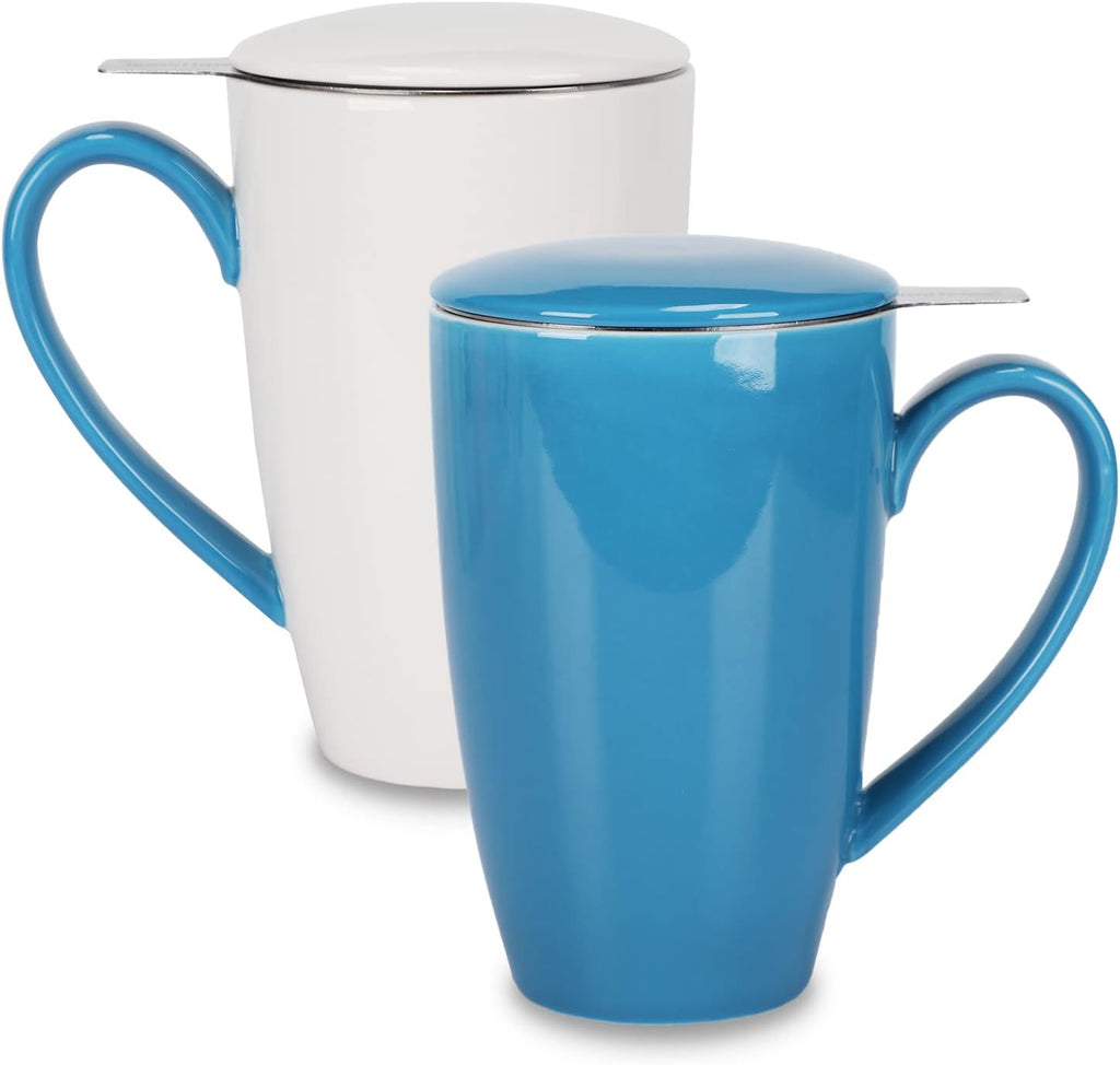 amhomel Porcelain Tea Mug with Infuser and Lid, 16 Ounce Ceramic Tea Cup for Loose Leaf, Coffee, Cocoa and Milk, Tea Gift for Tea Lovers, Set of 2(Blue and White)