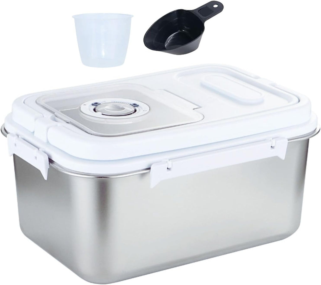 Saim Rice Storage Container Bin, 20lb Stainless Steel Food Storage Containers with Silicone Lid, Measuring Cup, Spoon, Rice Dispenser for Flour, Sugar,and Baking Supplies