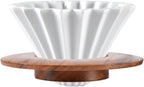 Ceramic Coffee Dripper Pour Over Coffee Maker with Wood Stand Elegant Flower Shape V60 Filter (white)