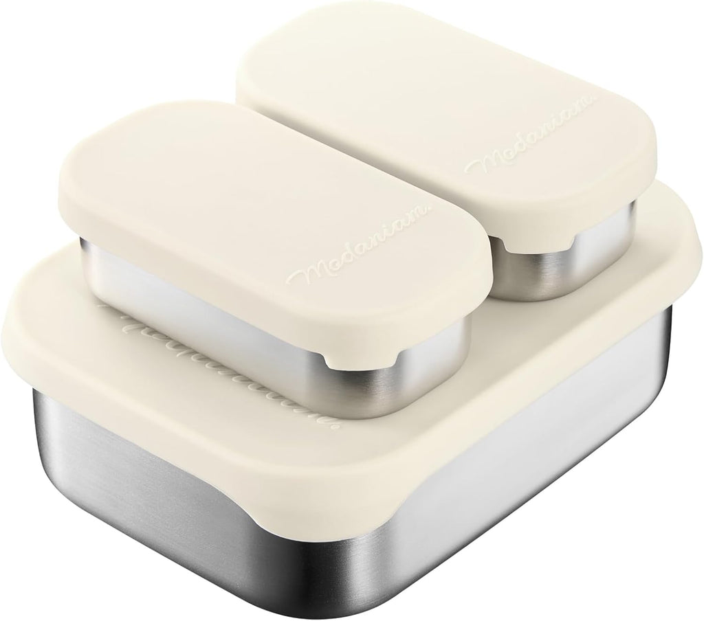 Flexibento - Leak proof Stainless Steel Lunch Box | Lunch Containers| Steel Bento Box |Sandwich Containers| Snack Containers |Metal lunch Box |Vanilla| 1 * 27 OZ+2 * 6.5 OZ|SIlicone lids