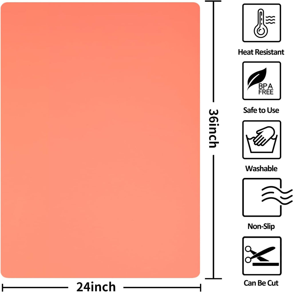 Silicone Mat Heat Resistant Mats for Countertop, Large Silicone Mats for Crafts Kitchen Counter Workbench Table protector, Size 36x24 inches Thick 2mm,Rolled Package,Coral