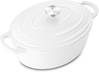5QT Oval Dutch Oven Pot with Lid, Leonyo 5 Quart Enameled Oval Cast Iron Dutch Oven for Sourdough Bread Breaking, Heavy Duty Cookware for Braising, Stews, Roasting, White