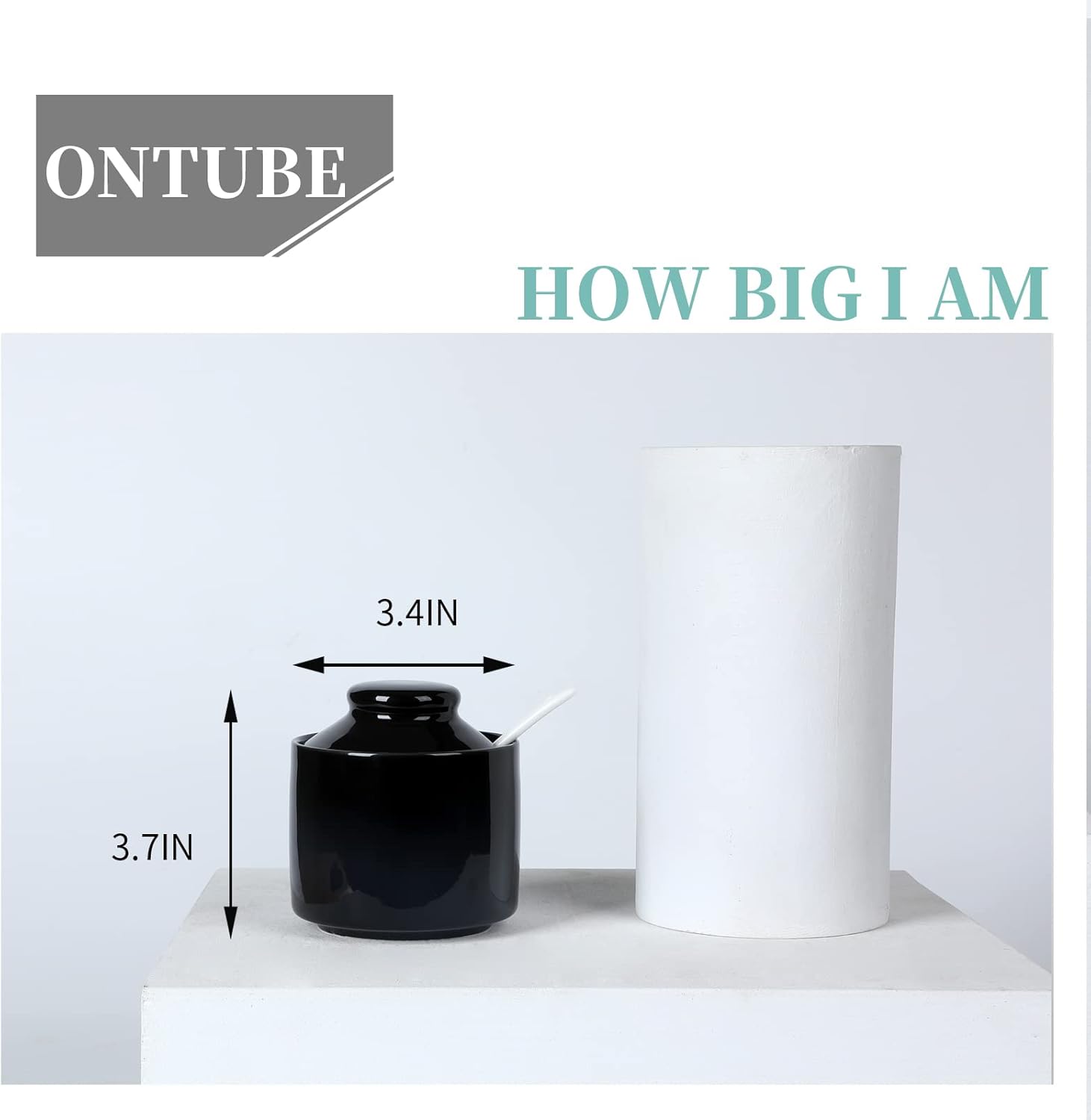 ONTUBE Ceramic Sugar Bowl with Lid and Spoon,Porcelain Seasoning Box Salt Bowl,8oz (Black)