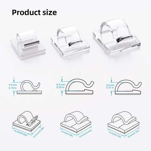 100 PCS Cable Clips Cord Organizer (Small, Medium,Large),Wire Holder for Cable Management, Outdoor Light Clips Light Hooks for LED String,Car Dash Cam, Extension Cord (Clear)