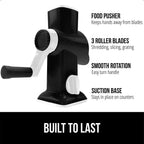GORILLA GRIP BPA-Free Rotary Cheese Grater Hand Crank, Easy to Set Up, Strong Suction Base for Kitchen Countertop, Shred Potato, Vegetable, Nuts in Seconds, Round Mandoline Slicer, 3 Blades, Black