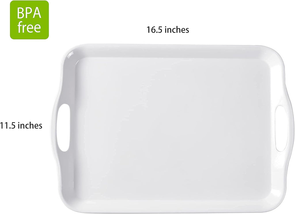 Blue Boat 16.5" x 11.5" Serving Trays Set of 2 White, Dinner Tray, Light Weight Easy to Clean Sturdy Stackable Melamine Serving Tray with Handle, Fruit, Snacks, and Desserts Trays