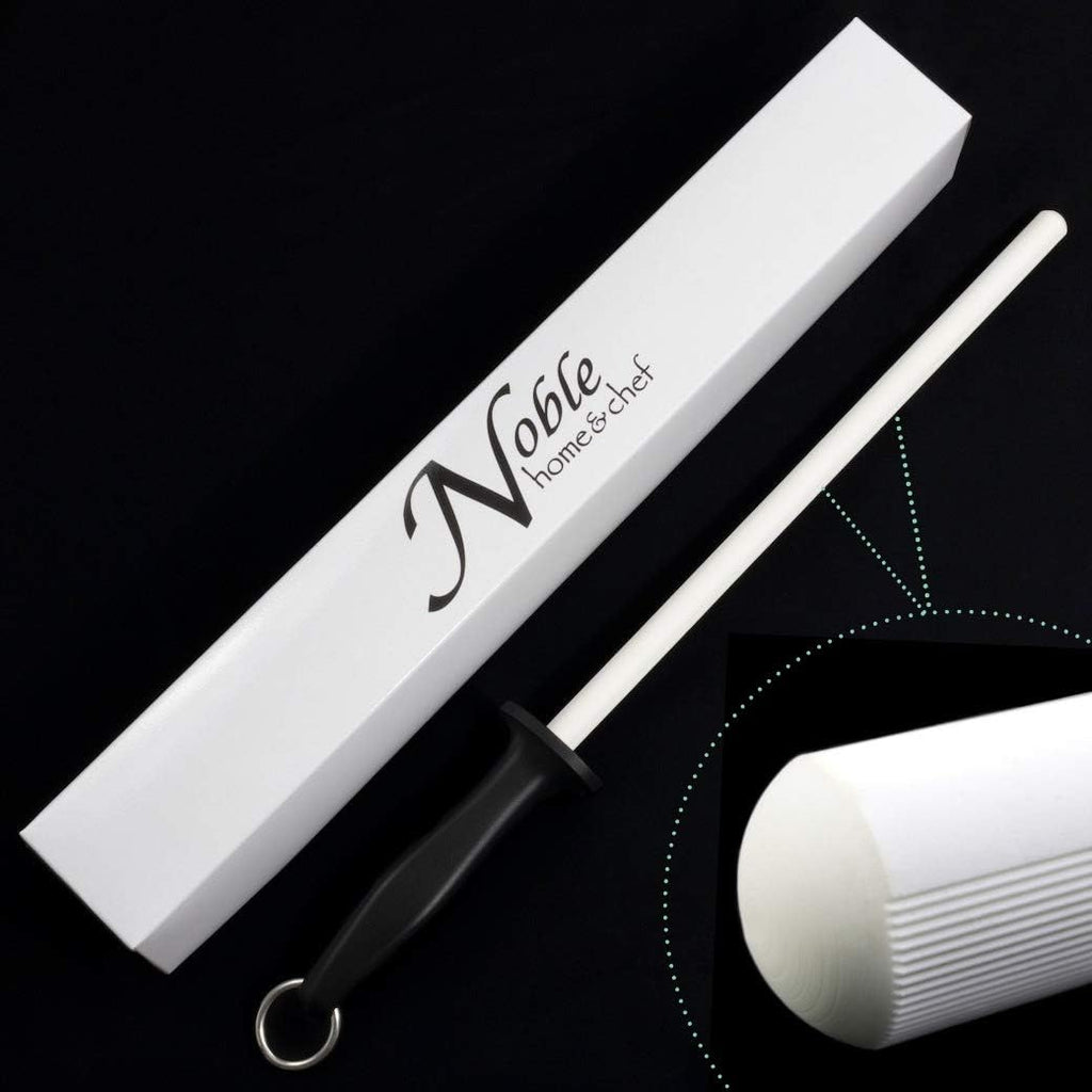 Professional 11.5 Inch Ceramic Honing Rod Has 2 Grit Options, a Firm-Grip Handle, Hanging Ring, and Japanese Ceramic. Noble Home & Chef Sharpening Rods are Perfect for Chefs! (White, 1000/2000 Grit)