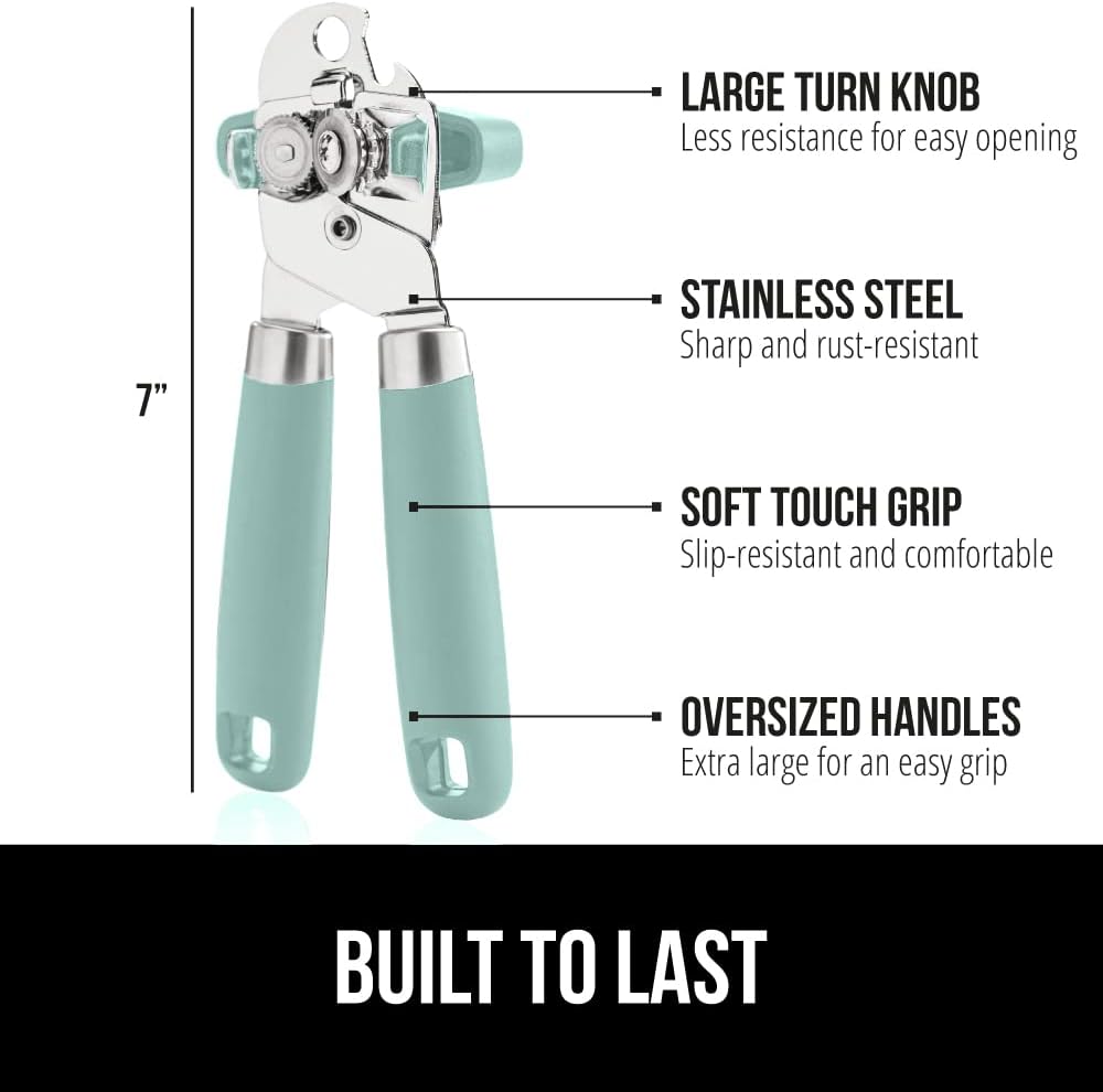 GORILLA GRIP Heavy Duty Stainless Steel Smooth Edge Manual Can Opener and Bottle Openers, Soft Comfortable Handle, Oversized Handheld Turn Knob, US Designed Multifunctional Kitchen Tool, Mint