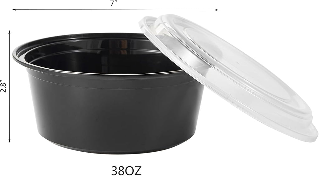 FULING 38 oz 50 ct Round Meal Prep Containers with Lids Plastic Food Storage To Go Lunch Plan Box Disposable Take Out Bowls Black BPA Free Reusable Durable Stackable Microwave Freezer Dishwasher Safe