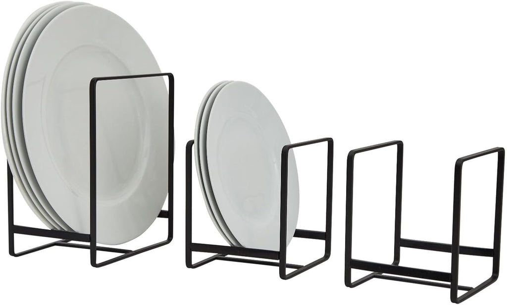 Juvale 3-Piece Kitchen Cabinet Organizer Shelf - Black Iron, 2 Sizes for 8" & 10" Plates - Cutting Board Organizer, Pot Lid & Paper Plate Holder