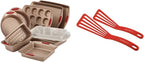 Rachael Ray Cucina Nonstick Bakeware Set Baking Cookie Sheets Cake Muffin Bread Pan, 10 Piece, Latte Brown with Cranberry Red Grips & KitchenTools and Gadgets Nylon Cooking Utensils, 2 Piece, Red