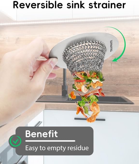 TRAPMATE Sink Drain Strainer, Easy Clean Kitchen Sink Strainer with Stopper, 304 Stainless Steel Sink Strainer Basket, Revolutionary Drain Stopper Kitchen Sink, Garbage Disposal Strainer for US Drain