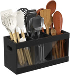 Yofidra Bamboo Utensil Holder & Silverware Organizer: Extra Large Cooking Spoon Holder with Absorbing Drying Stone and 6 Compartments Kitchen Countertop Farmhouse Decor 11.8"X4.7"X5.9" Black