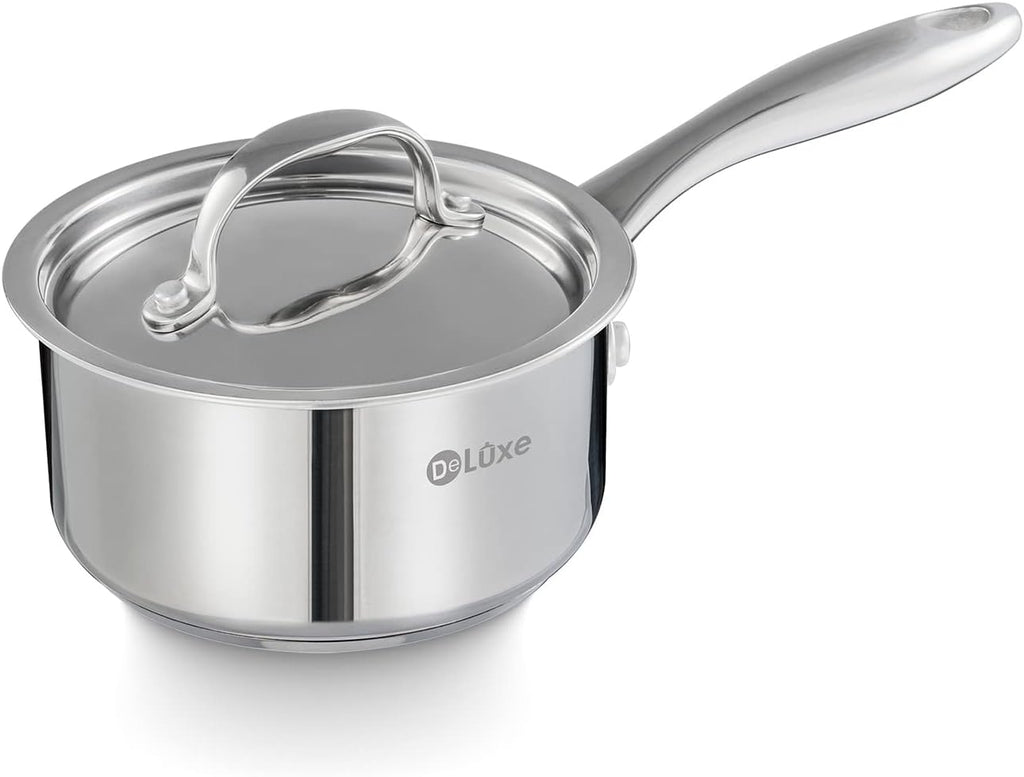 DELUXE Sauce Pan with Lid, 1 Quart Stainless Steel Saucepan with Stay-Cool Handle, Multipurpose Cooking Pot for Sauces Pasta, Suitable Induction/Electric Gas Cooktops, Dishwasher Oven Safe