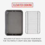Chef Pomodoro Nonstick Carbon Steel Large Roasting Pan with Rack, Turkey Roasting Pans for Oven, Roaster Pan with Flat Rack, Turkey Pan for Oven, Bakeware Grey