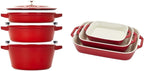 STAUB Cast Iron Set 4-pc, Stackable Space-Saving Cookware Set, Dutch Oven, Skillet, Grill Pan & Ceramic Baking Dish Set, 3pc, Cherry