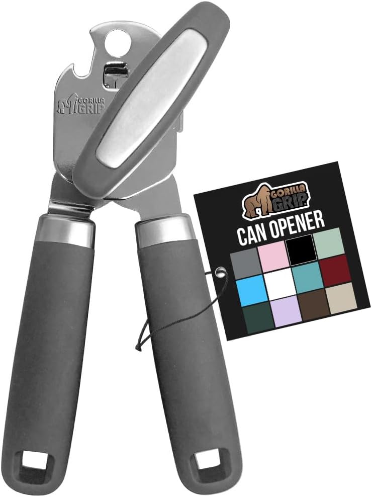 GORILLA GRIP Heavy Duty Stainless Steel Smooth Edge Manual Can Opener and Bottle Openers, Soft Comfortable Handle, Oversized Handheld Turn Knob, US Designed Multifunctional Kitchen Tool, Gray