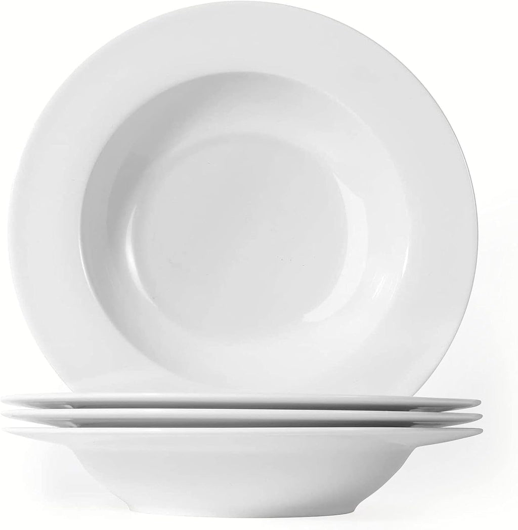 Artena 8 Ounces Pasta Bowls Set of 4, 8.5 inch Soup Bowls, Advanced Porcelain Salad Bowl, Wide Rim Pasta Plates, Shallow Bowls for Kitchen, Rimmed White Plates and Bowls Set, Microwave Oven Safe