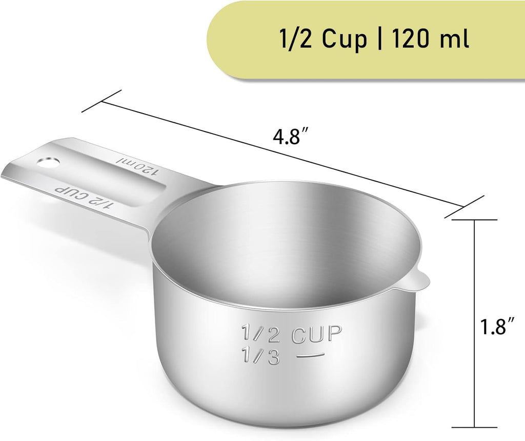2PCS 1/2Cup (120ml, 4oz) Single Measuring Cup, Stainless Steel Measure Scoop, Metric and US Measurement, Dishwasher Safe