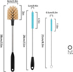 3 in 1 Stainless Steel Long Handled Water Bottle Brush Set, Kitchen Scrubber Cleaning Brush for Mugs, Coffee Cups, Glassware, Wine Glasses, Wake-Ups, with Straw Cleaner, Brown