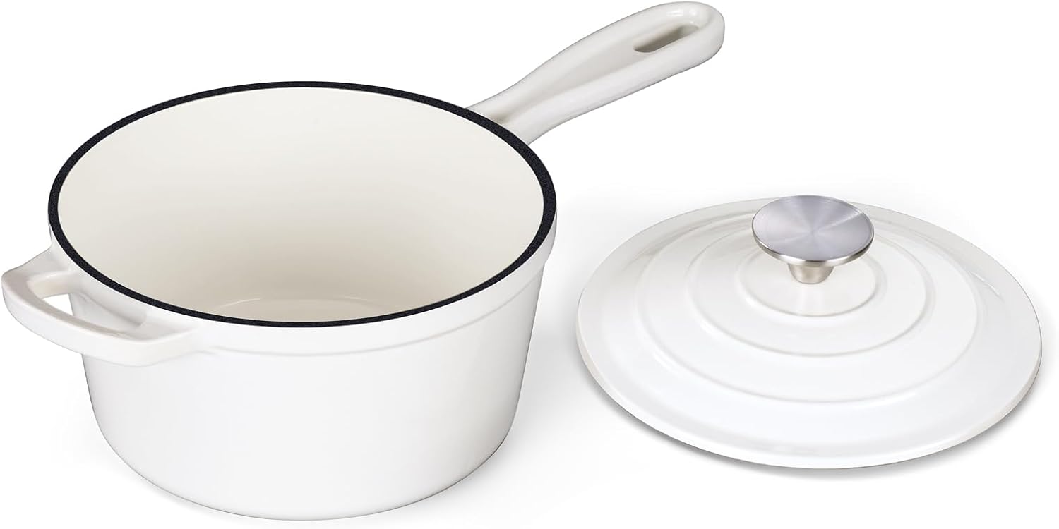 1QT Sauce Pan, Onader Enameled Cast Iron Saucepan Dutch Oven Pot with Lid, Small Cooking Sauce Pot, Nonstick & Oven Safe – White