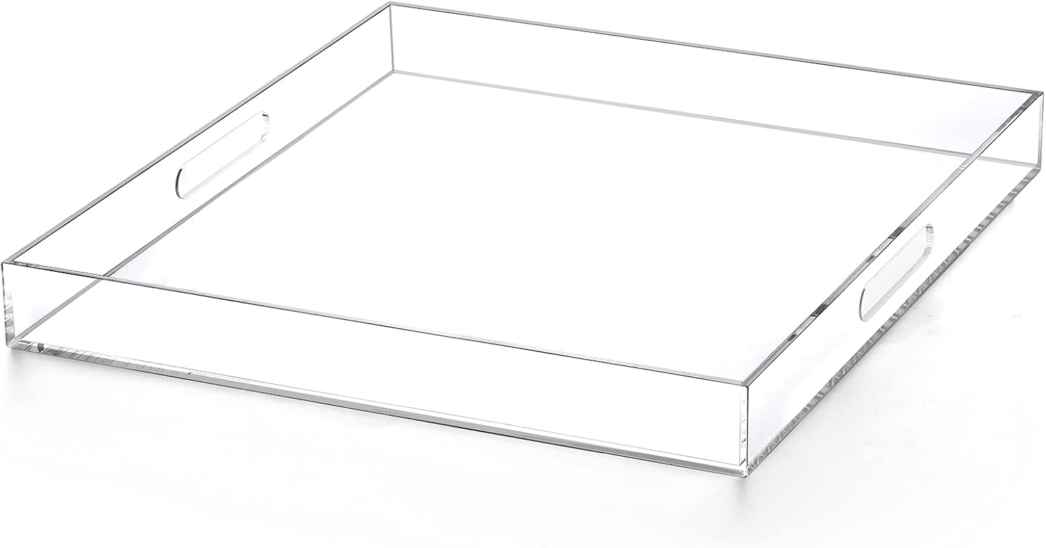 Clear extra large Ottoman Tray with Handles 18"x18"x2" Spill proof Acrylic Serving Tray Organizer Tray Decorative safe edge tray For Living Room Entryway Bedroom Kitchen Coffee Table coutertop