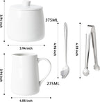 Sugar and Creamer Set, 4 Piece with Creamer Pitcher, Sugar Bowl with Lid and Spoon, Sugar Cube Tongs, for Coffee Accessories, Ceramic Coffee Serving Set