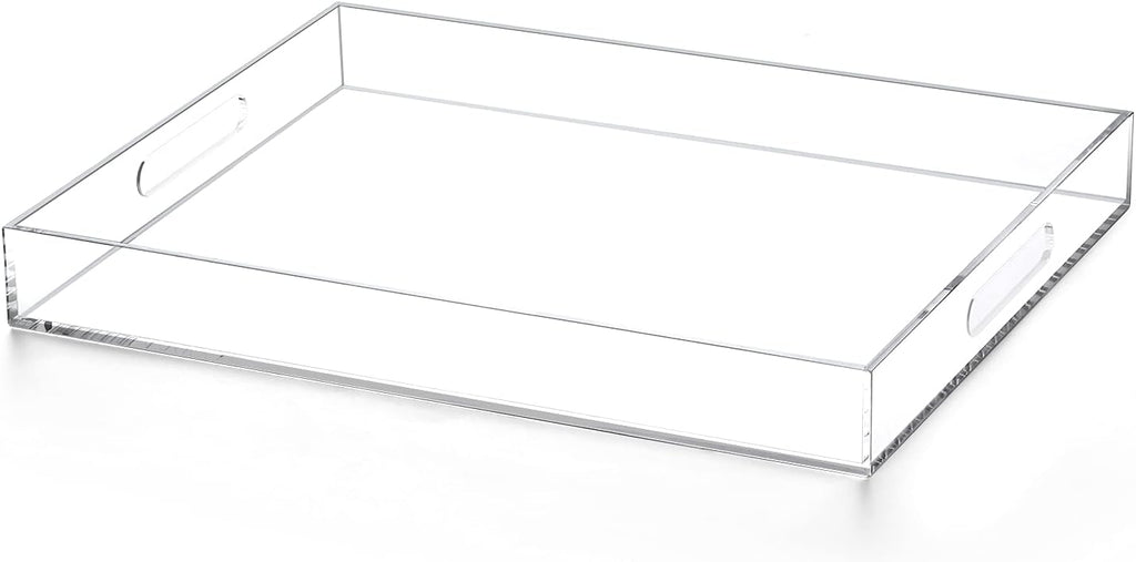 Modern Acrylic Ottoman Tray with Cutout Handles, Acrylic Serving, Organizer Decorative for Living Room, Bedroom,Bathroom and Kitchen Tabletop (Clear, 11x14 Inch)