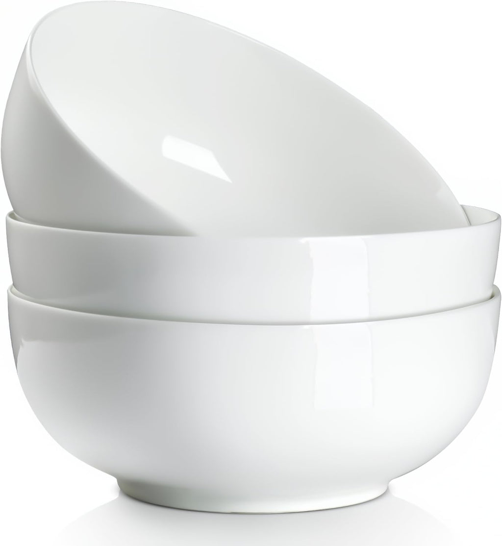 QINLANG 60 Ounces Large Soup Bowl, 8 Inches Pho Bowls, Large Ramen Bowls Set of 3, Off-White Porcelain Big Serving Bowls for Salad and Kitchen