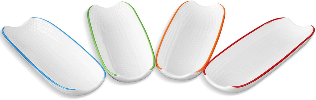 Cinf Colorful Side Ceramic Corn Cob Holders 8.8" Corn Dishes Set of 4, White Dishes Non-slip Bottom Microwave Dishwasher Oven Safe