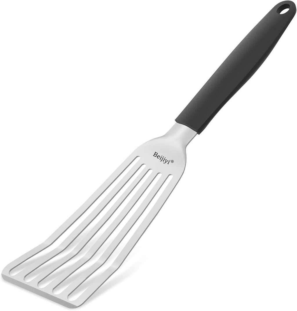 Beijiyi Stainless Steel Fish Spatula, 11.7" Small Metal Spatula for Cast Iron Skillet, Slotted Turner with Silicone Handle, Kitchen Cooking Flipper for Fish, Egg and Burger