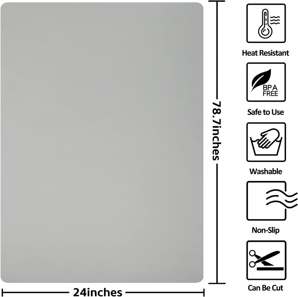 Silicone Mats for Kitchen Counter, Nonslip Silicone Mats for Crafts Countertop Protector Heat Resistant Mat (78.7” x 24” x 0.08”, Grey)