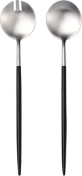 Silver Black Salad Serving Utensils,Serving Spoons Stainless Steel,2Pcs Long Handle Salad Servers 11.42 Inch,Salad Utensils for Serving,Matte Finish,Dishwasher Safe