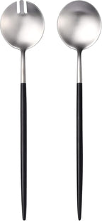 Silver Black Salad Serving Utensils,Serving Spoons Stainless Steel,2Pcs Long Handle Salad Servers 11.42 Inch,Salad Utensils for Serving,Matte Finish,Dishwasher Safe