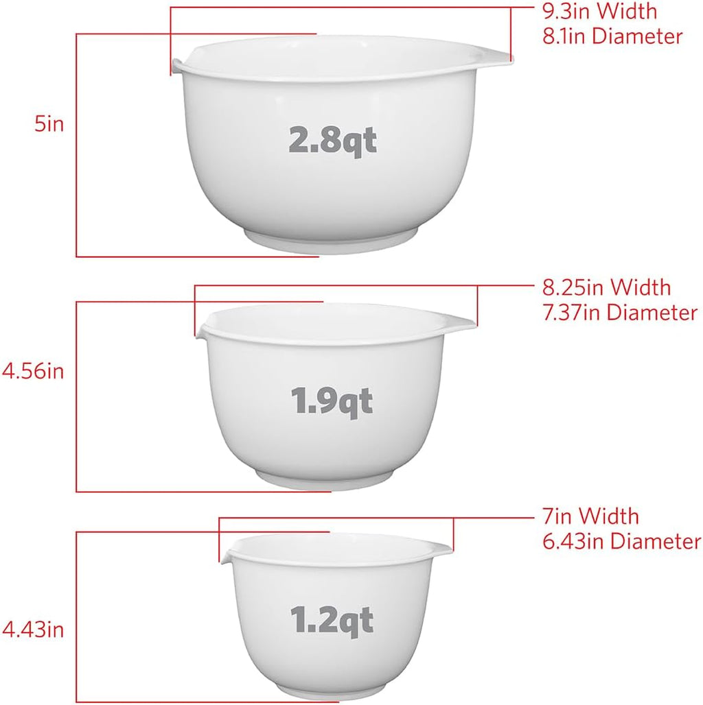 GLAD Mixing Bowls with Pour Spout, Set of 3 | Nesting Design Saves Space | Non-Slip, BPA Free, Dishwasher Safe Plastic | Kitchen Cooking and Baking Supplies, White
